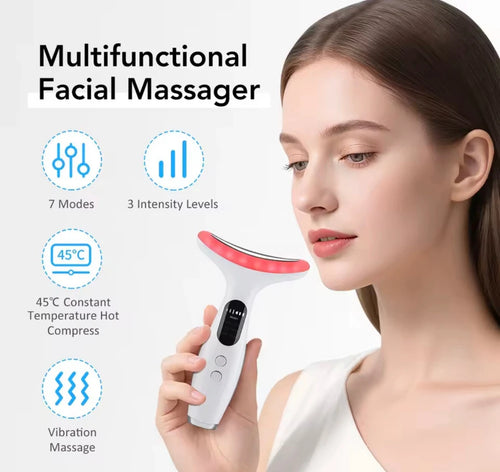 LED Light Neck & Face Beauty Device EMS Vibration Massage. A convenient at-home beauty device combining LED light, EMS, and gentle vibration to complement your facial and neck skincare routine.