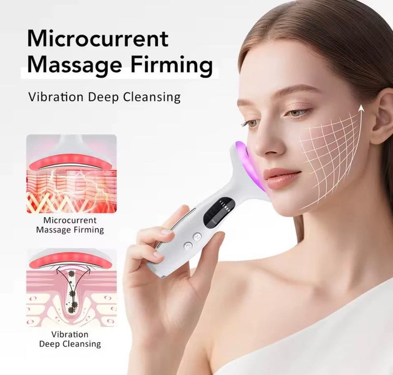 LED Light Neck & Face Beauty Device EMS Vibration Massage. A convenient at-home beauty device combining LED light, EMS, and gentle vibration to complement your facial and neck skincare routine.