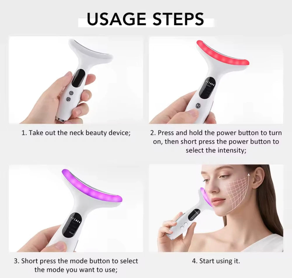 LED Light Neck & Face Beauty Device EMS Vibration Massage. A convenient at-home beauty device combining LED light, EMS, and gentle vibration to complement your facial and neck skincare routine.